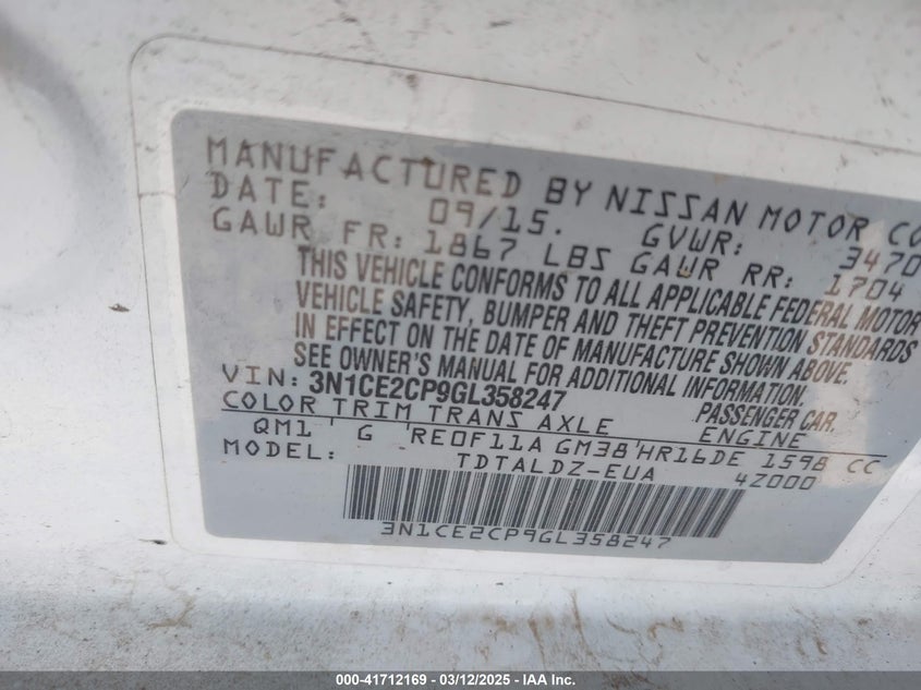2016 Nissan Versa VIN 3N1CE2CP9GL358247 IAAI salvage auction — RIGHT FRONT, Salvage (Idaho), sold $425 on 2026-07-02 (photo 9)