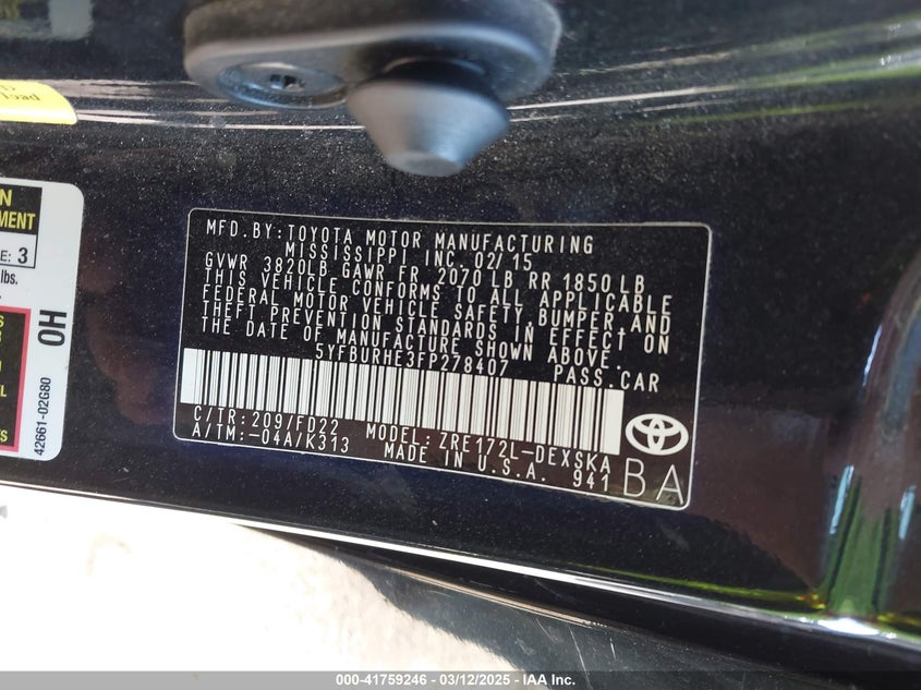 2015 TOYOTA COROLLA VIN 5YFBURHE3FP278407 COPART salvage auction — Front End, Clear (Texas), sold $4,400 on 2025-04-22 (photo 9)