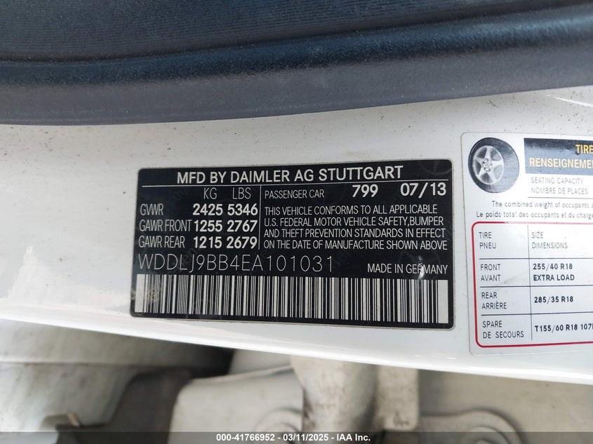 2014 Mercedes-benz Cls-klasse VIN WDDLJ9BB4EA101031 COPART salvage auction — Normal Wear & Tear, Clear (Illinois), sold $4,925 on 2025-03-18 (photo 9)