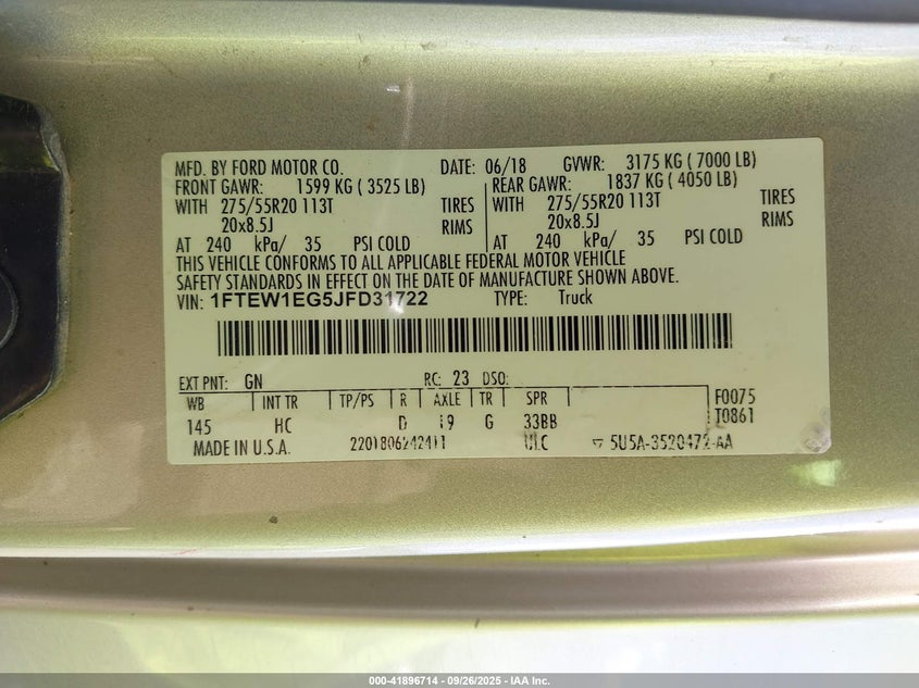 2018 Ford F-150 VIN 1FTEW1EG5JFD31722 IAAI salvage auction — RIGHT FRONT, Salvage Title, sold $8,100 on 2026-08-01 (photo 9)