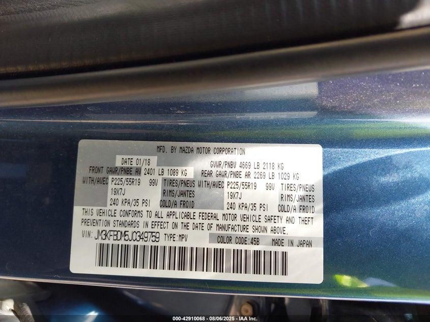 2018 Mazda Cx-5 VIN JM3KFBDM5J0349759 IAAI salvage auction — FRONT END, Salvage Title, sold $2,500 on 2026-07-26 (photo 9)