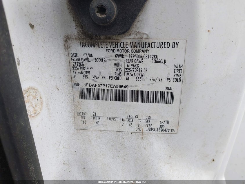2007 Ford F550 VIN 1FDAF57P17EA59649 IAAI salvage auction — MECHANICAL, Clear (Virginia), sold $225 on 2026-07-08 (photo 8)