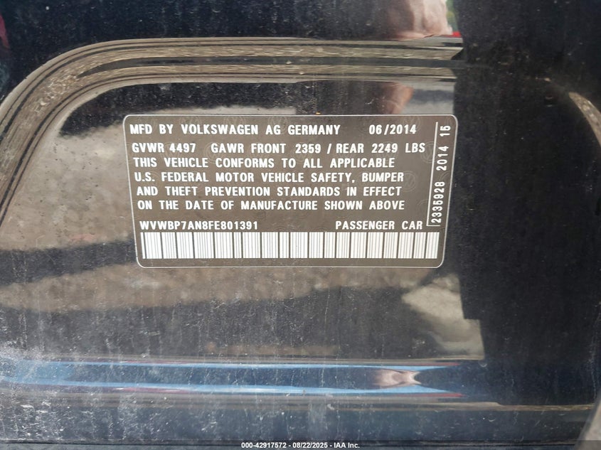 2015 Volkswagen Cc VIN WVWBP7AN8FE801391 IAAI salvage auction — FRONT END, Salvage (Illinois), sold $425 on 2026-07-15 (photo 9)