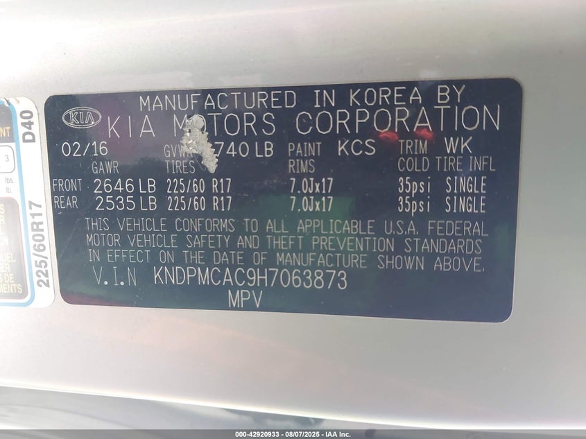 2017 Kia Sportage VIN KNDPMCAC9H7063873 IAAI salvage auction — FRONT END, Salvage (California), sold $1,300 on 2026-07-22 (photo 9)