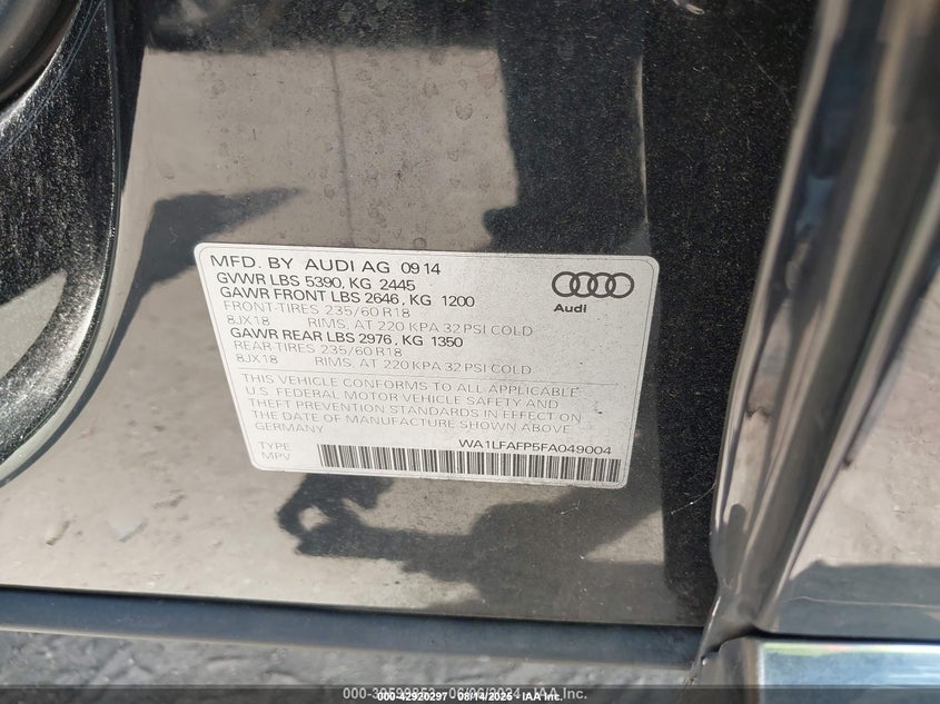 2015 Audi Q5 VIN WA1LFAFP5FA049004 IAAI salvage auction — RIGHT FRONT, Rebuildable (Florida), sold $2,625 on 2026-07-15 (photo 9)
