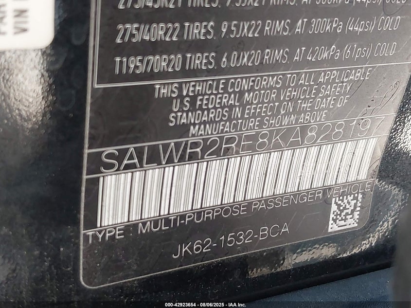 2019 Land rover Range rover sport VIN SALWR2RE8KA828197 IAAI salvage auction — FRONT END, Salvage (California), sold $17,100 on 2026-07-15 (photo 9)