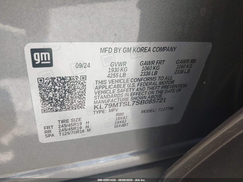 2025 Chevrolet Trailblazer VIN KL79MTSL7SB085721 IAAI salvage auction — FRONT END, Salvage Title, sold $5,400 on 2026-07-08 (photo 9)