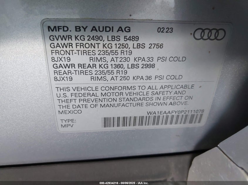 2023 Audi Q5 VIN WA1EAAFY0P2111078 IAAI salvage auction — FRONT END, Salvage (California), sold $3,575 on 2026-07-09 (photo 9)