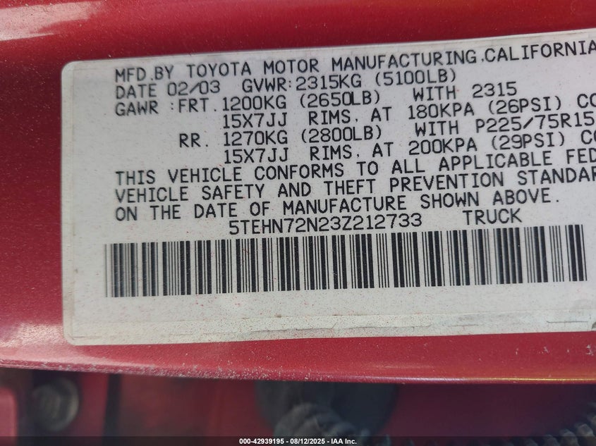2003 Toyota Tacoma VIN 5TEHN72N23Z212733 IAAI salvage auction — REAR END, Salvage (California), sold $4,250 on 2026-07-30 (photo 9)