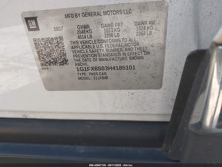 2017 Chevrolet Bolt ev VIN 1G1FX6S03H4185101 IAAI salvage auction — SIDE, Salvage (Massachusetts), sold $3,250 on 2026-07-09 (photo 9)