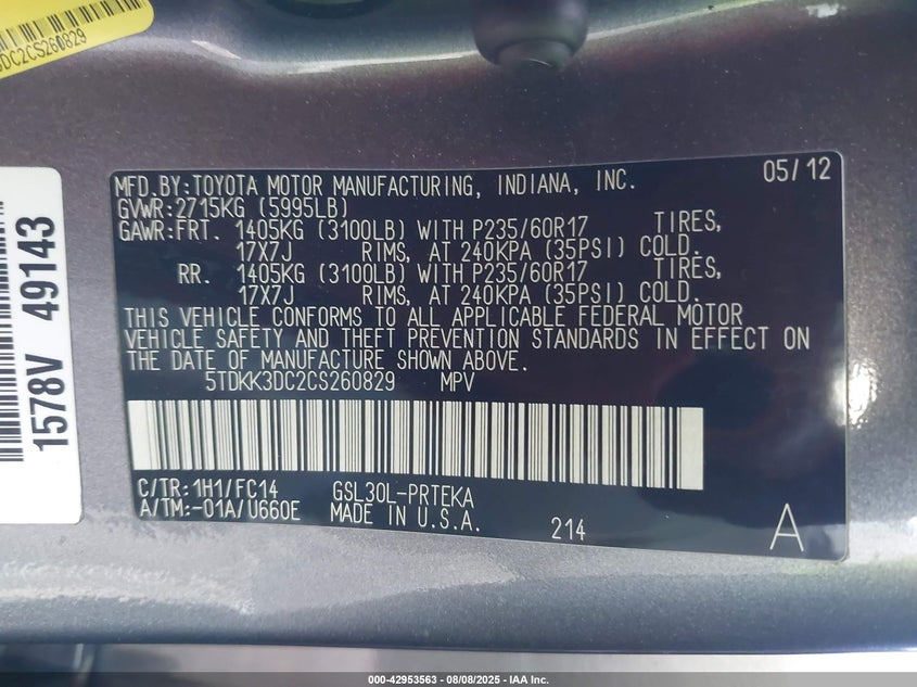 2012 Toyota Sienna VIN 5TDKK3DC2CS260829 IAAI salvage auction — FRONT END, Salvage Title, sold $1,475 on 2026-07-13 (photo 9)