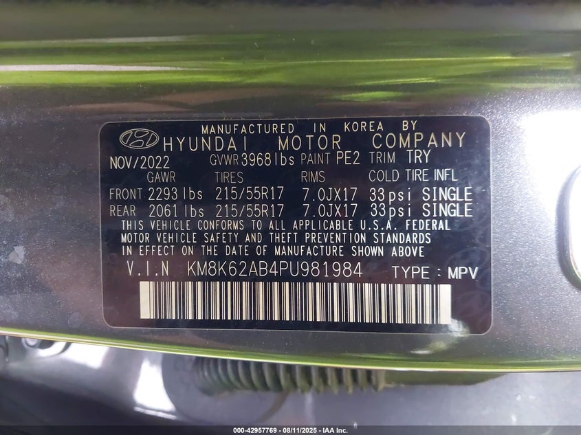 2023 Hyundai Kona VIN KM8K62AB4PU981984 IAAI salvage auction — LEFT FRONT, Salvage Title, sold $3,700 on 2026-07-29 (photo 9)