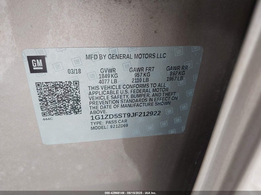 2018 Chevrolet Malibu VIN 1G1ZD5ST9JF212922 IAAI salvage auction — REAR END, Salvage Title, sold $1,550 on 2026-08-21 (photo 9)