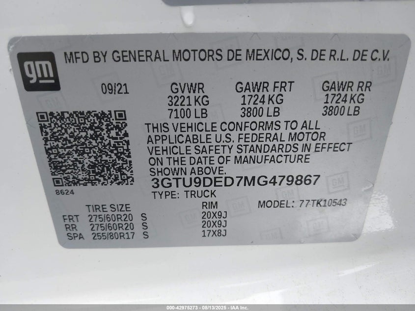 2021 Gmc Sierra 1500 VIN 3GTU9DED7MG479867 IAAI salvage auction — THEFT, Salvage (Arkansas), sold $18,600 on 2026-07-31 (photo 9)