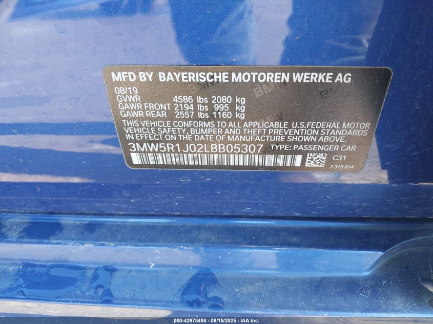 2020 BMW 3 series VIN 3MW5R1J02L8B05307 IAAI salvage auction — RIGHT SIDE, Original (Texas), sold $13,250 on 2026-07-10 (photo 9)