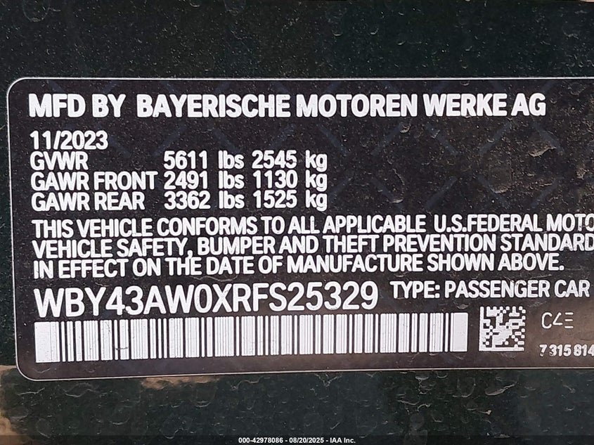 2024 BMW I4 VIN WBY43AW0XRFS25329 IAAI salvage auction — FRONT END, Salvage Title, sold $16,500 on 2026-07-09 (photo 9)