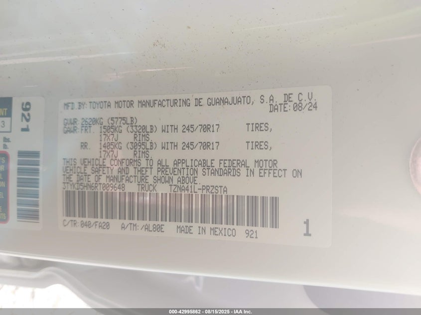 2024 Toyota Tacoma VIN 3TYKD5HN6RT009648 IAAI salvage auction — ROLLOVER, Salvage Title, sold $7,100 on 2026-07-02 (photo 9)