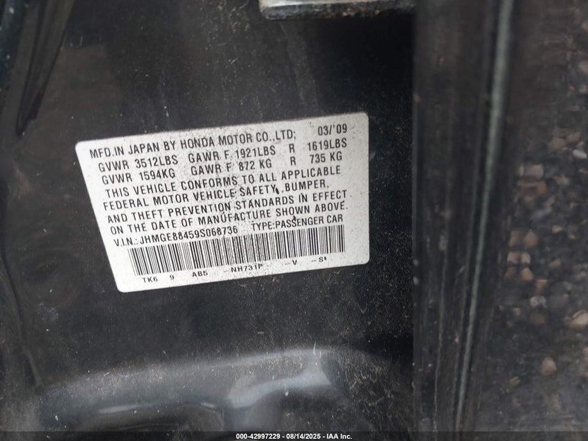 2009 Honda Fit VIN JHMGE88459S068736 IAAI salvage auction — FRONT END, Bill Of Sale (New York), sold $450 on 2026-07-07 (photo 9)