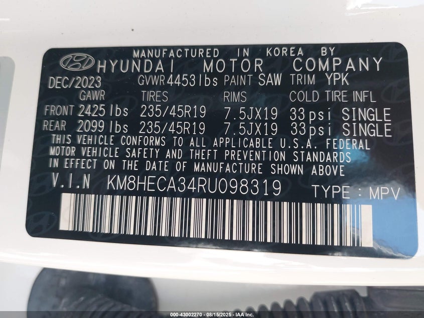 2024 Hyundai Kona VIN KM8HECA34RU098319 IAAI salvage auction — FRONT END, Salvage (California), sold $2,950 on 2026-07-30 (photo 9)