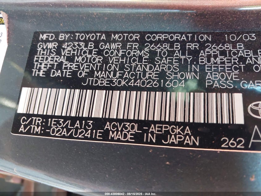 2004 Toyota Camry VIN JTDBE30K440261604 IAAI salvage auction — FRONT END, Salvage (Arizona), sold $275 on 2026-07-07 (photo 9)