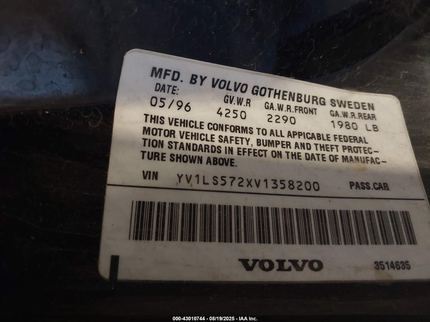1997 Volvo 850 VIN YV1LS572XV1358200 IAAI salvage auction — REAR END, Bill Of Sale (Colorado), sold $175 on 2026-07-08 (photo 9)