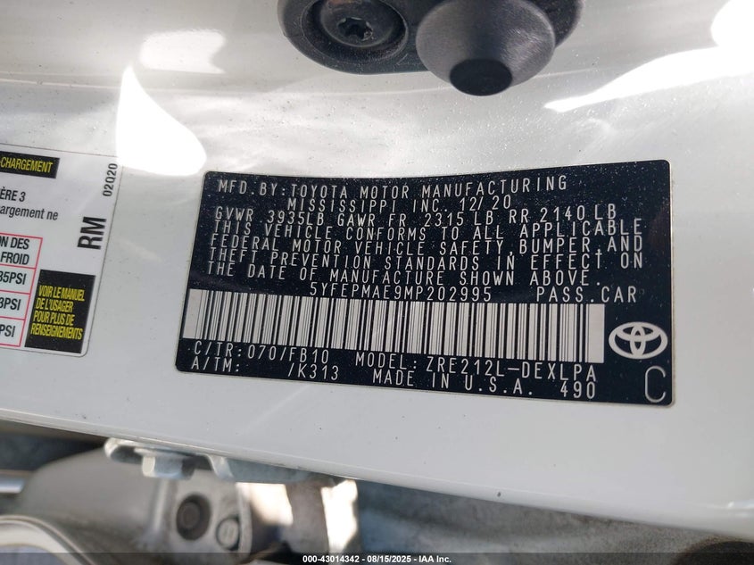 2021 Toyota Corolla VIN 5YFEPMAE9MP202995 IAAI salvage auction — FRONT END, Salvage (Georgia), sold $3,550 on 2026-07-17 (photo 9)