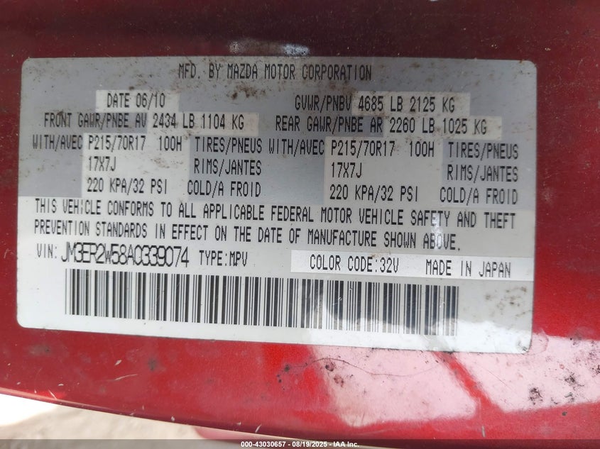 2010 Mazda Cx-7 VIN JM3ER2W58A0339074 IAAI salvage auction — FRONT END, Bill Of Sale (Texas), sold $200 on 2026-07-13 (photo 9)