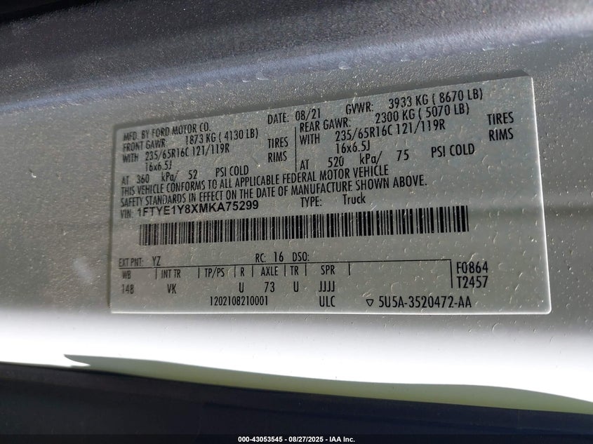 2021 Ford Transit 150 VIN 1FTYE1Y8XMKA75299 IAAI salvage auction — RIGHT SIDE, Salvage Title, sold $11,950 on 2026-07-23 (photo 9)