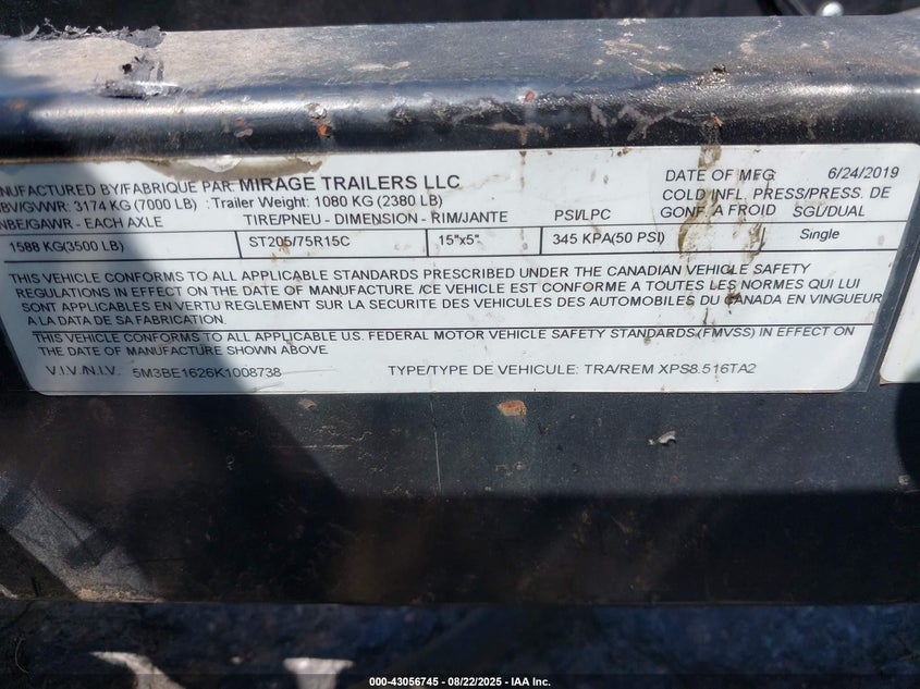2019 VIN 5M3BE1626K1008738 IAAI salvage auction — FRONT & REAR, Salvage Title, sold $1,150 on 2026-07-09 (photo 9)