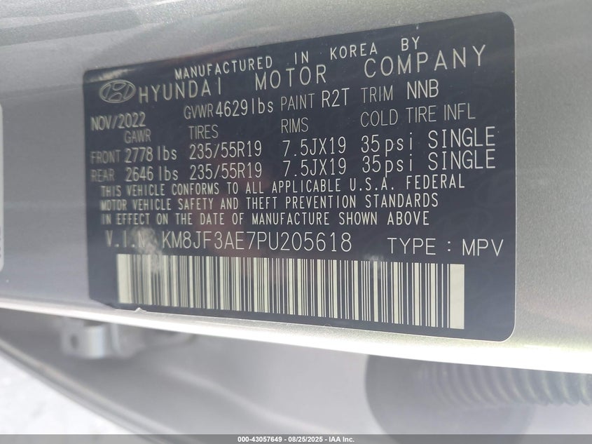2023 Hyundai Tucson VIN KM8JF3AE7PU205618 IAAI salvage auction — FRONT END, Salvage Title, sold $6,250 on 2026-07-27 (photo 9)