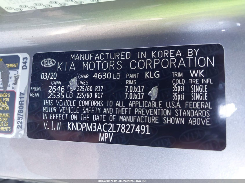 2020 Kia Sportage VIN KNDPM3AC2L7827491 IAAI salvage auction — SIDE, Salvage Title, sold $3,600 on 2026-07-09 (photo 9)
