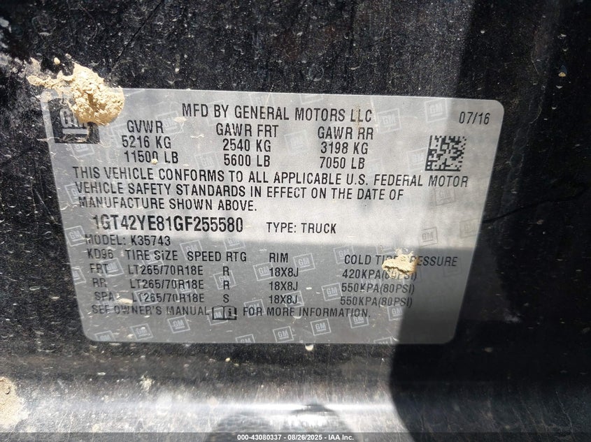 2016 Gmc Sierra 3500 hd VIN 1GT42YE81GF255580 IAAI salvage auction — RIGHT SIDE, Salvage Title, sold $8,400 on 2026-07-15 (photo 8)
