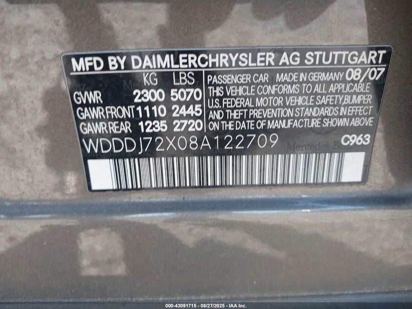 2008 Mercedes-benz Cls-klasse VIN WDDDJ72X08A122709 IAAI salvage auction — FRONT END, Salvage - Greater Than 75% (Maryland), sold $25 on 2026-07-27 (photo 9)