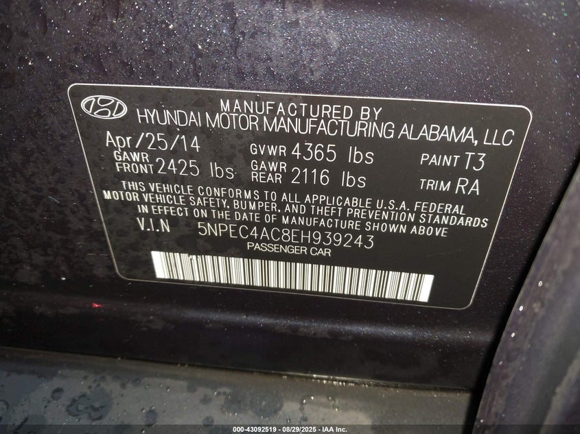 2014 Hyundai Sonata VIN 5NPEC4AC8EH939243 IAAI salvage auction — LEFT SIDE, Salvage Title, sold $800 on 2026-07-20 (photo 9)