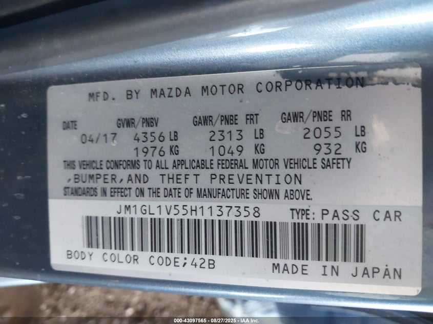 2017 Mazda 6 VIN JM1GL1V55H1137358 IAAI salvage auction — ENGINE BURN, Salvage (Arizona), sold $25 on 2026-07-28 (photo 9)