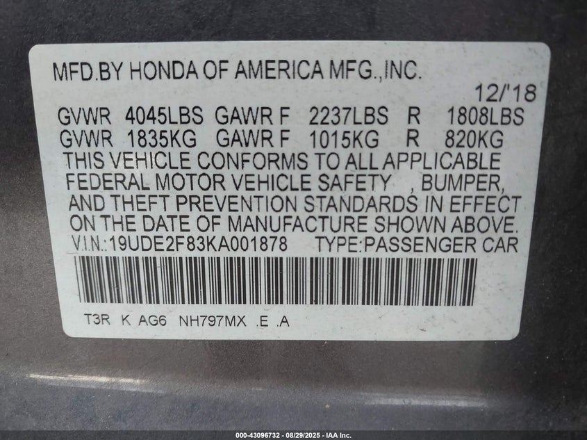2019 Acura Ilx VIN 19UDE2F83KA001878 IAAI salvage auction — FRONT & REAR, Salvage (Texas), sold $1,525 on 2026-09-05 (photo 9)