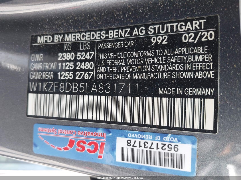2020 Mercedes-benz E-class VIN W1KZF8DB5LA831711 IAAI salvage auction — LEFT FRONT, Salvage (California), sold $9,900 on 2026-07-28 (photo 9)