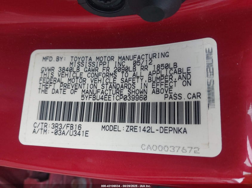 2012 Toyota Corolla VIN 5YFBU4EE1CP039960 IAAI salvage auction — FRONT END, Salvage (Indiana), sold $800 on 2026-07-29 (photo 9)