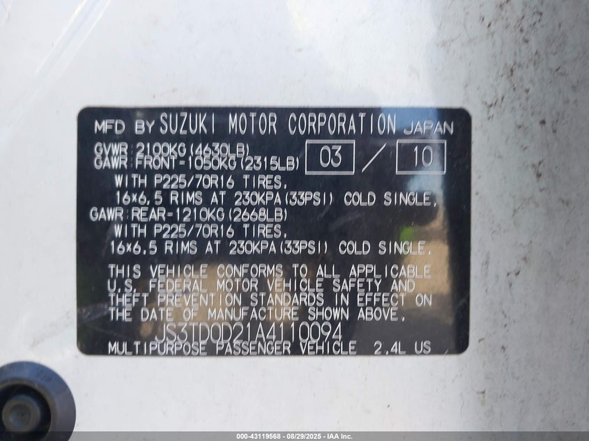 2010 Suzuki Grand vitara VIN JS3TD0D21A4110094 IAAI salvage auction — NORMAL WEAR, Clear (Pennsylvania), sold $1,900 on 2026-07-10 (photo 9)
