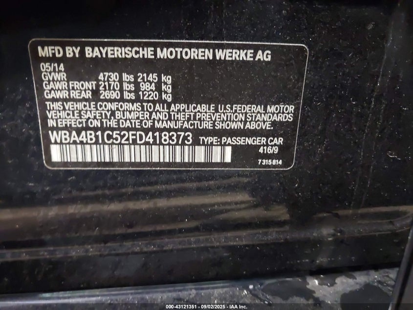 2015 BMW 435i gran coupe VIN WBA4B1C52FD418373 IAAI salvage auction — FRONT END, Salvage (Virginia), sold $1,100 on 2026-07-30 (photo 9)