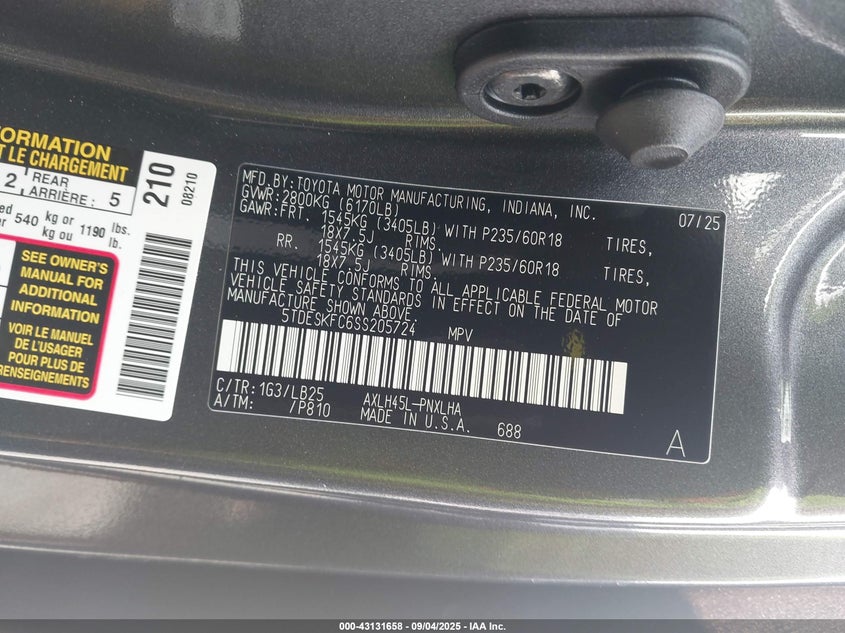 2025 Toyota Sienna VIN 5TDESKFC6SS205724 IAAI salvage auction — FRONT END, Salvage Title, sold $18,100 on 2026-07-22 (photo 9)