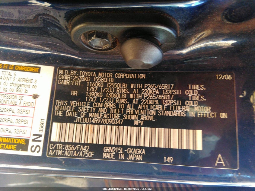 2007 Toyota 4runner VIN JTEBU14R978090347 IAAI salvage auction — ROLLOVER, Salvage (Hawaii), sold $375 on 2026-07-28 (photo 9)