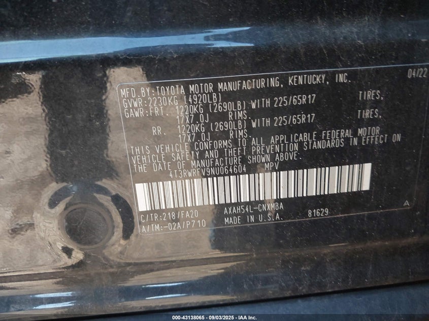 2022 Toyota Rav4 VIN 4T3RWRFV9NU064604 IAAI salvage auction — FRONT END, Salvage (Indiana), sold $8,600 on 2026-07-29 (photo 9)