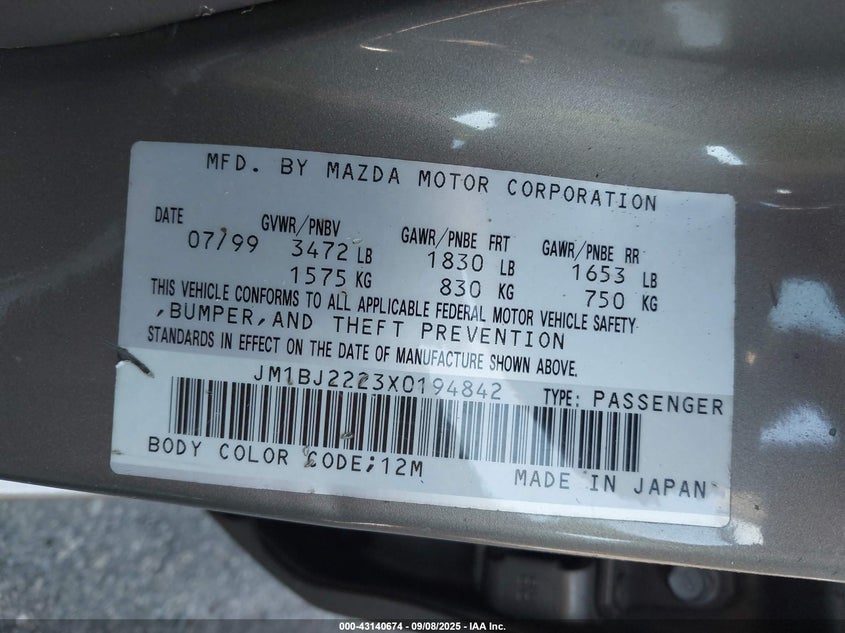 1999 Mazda Protege VIN JM1BJ2223X0194842 IAAI salvage auction — FRONT END, Salvage (North Carolina), sold $275 on 2026-07-23 (photo 9)