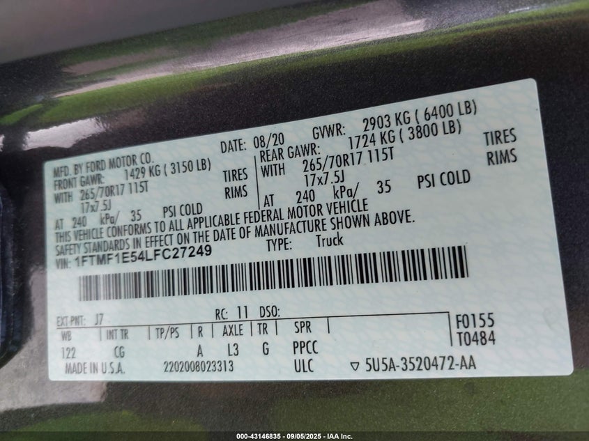2020 Ford F150 VIN 1FTMF1E54LFC27249 IAAI salvage auction — THEFT, Salvage Title, sold $2,150 on 2026-07-09 (photo 9)