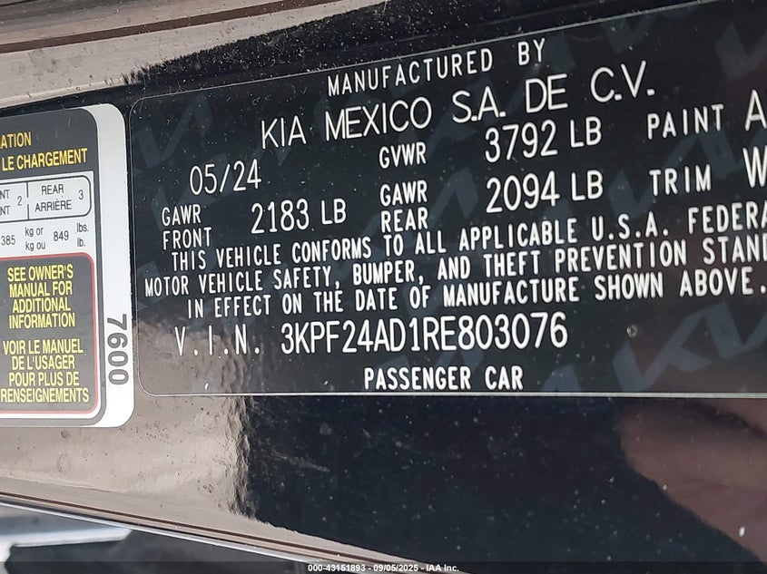 2024 Kia Forte VIN 3KPF24AD1RE803076 IAAI salvage auction — HAIL, Salvage (Indiana), sold $8,675 on 2026-07-30 (photo 9)