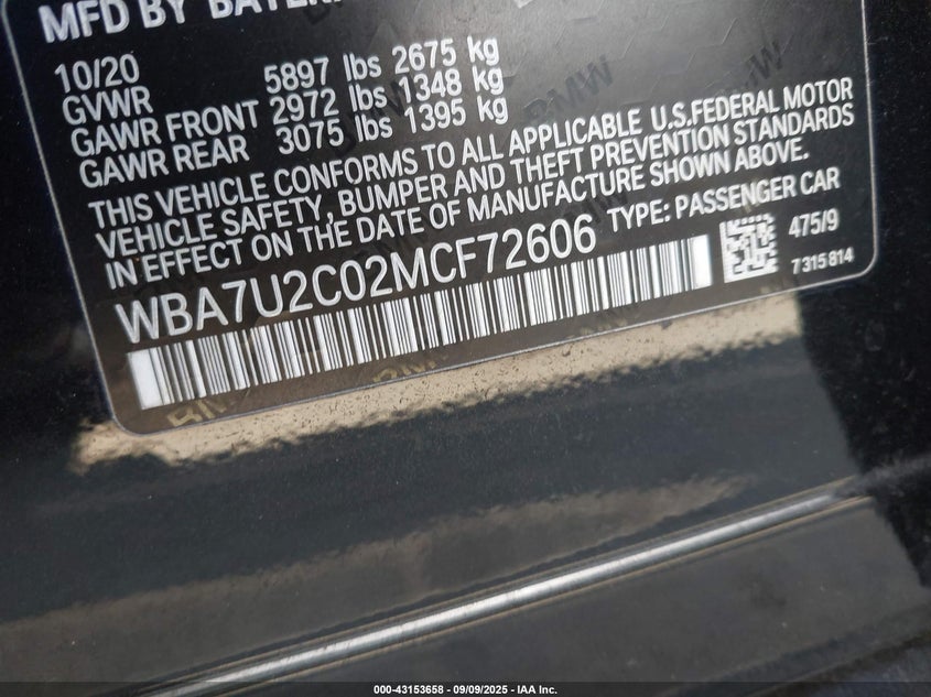 2021 BMW 7er VIN WBA7U2C02MCF72606 IAAI salvage auction — FRONT END, Salvage Title, sold $4,050 on 2026-10-12 (photo 9)