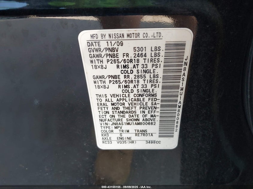 2010 Infiniti Fx35 VIN JN8AS1MU1AM800662 IAAI salvage auction — HAIL, Salvage (Texas), sold $1,800 on 2026-07-14 (photo 9)