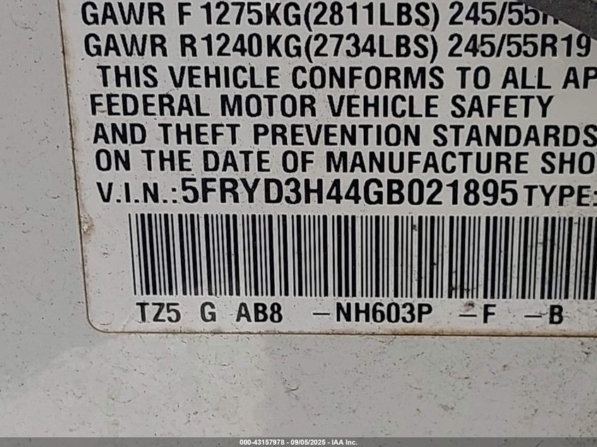 2016 Acura Mdx VIN 5FRYD3H44GB021895 IAAI salvage auction — REAR END, Salvage (Idaho), sold $25 on 2026-07-31 (photo 9)