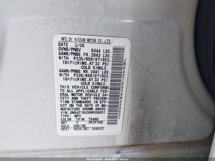 2009 Nissan Murano VIN JN8AZ18U39W009801 IAAI salvage auction — NORMAL WEAR, Clear (Michigan), sold $300 on 2026-07-28 (photo 9)
